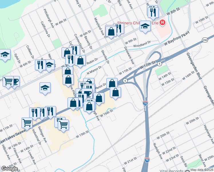 map of restaurants, bars, coffee shops, grocery stores, and more near 2121 South Manor Drive in Erie
