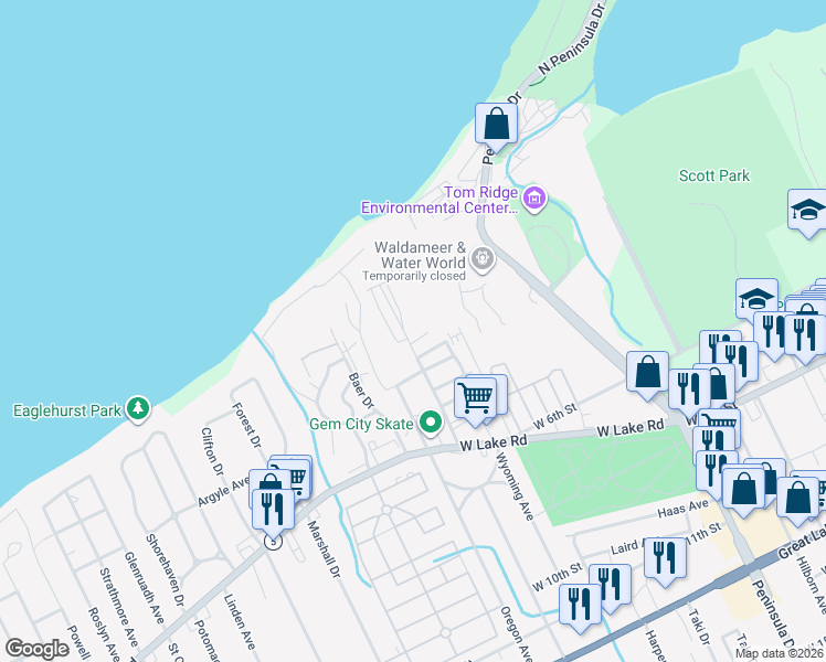 map of restaurants, bars, coffee shops, grocery stores, and more near 3136 Whitehouse Dr in Erie