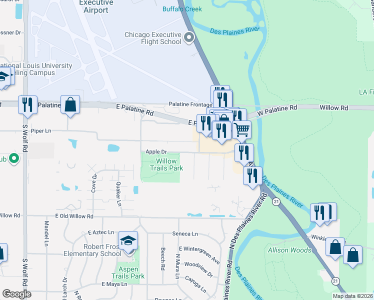 map of restaurants, bars, coffee shops, grocery stores, and more near 821 Apple Drive in Prospect Heights