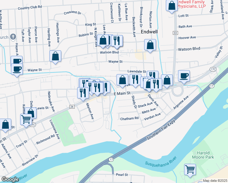 map of restaurants, bars, coffee shops, grocery stores, and more near 3111 East Main Street in Endicott