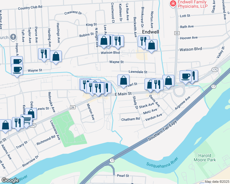 map of restaurants, bars, coffee shops, grocery stores, and more near 3111 East Main Street in Endwell