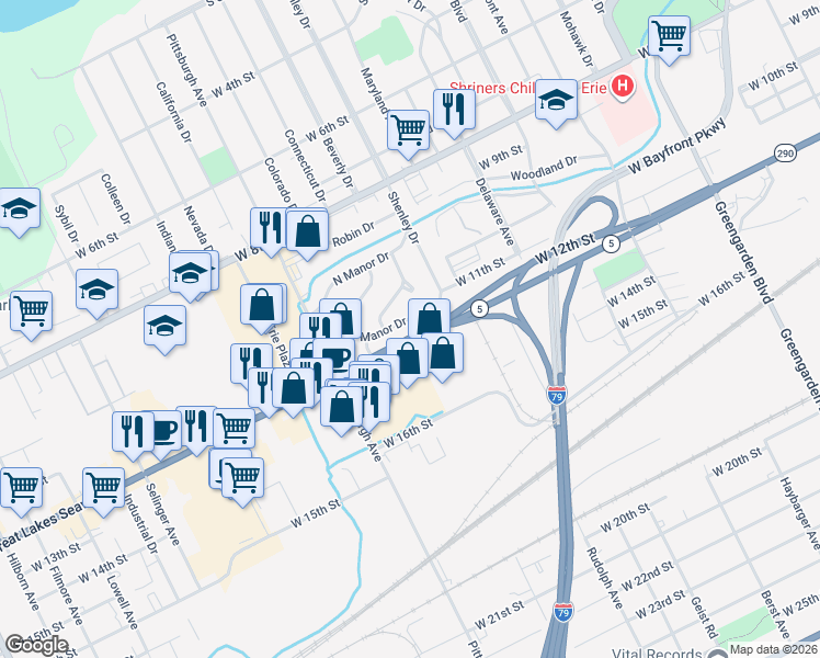 map of restaurants, bars, coffee shops, grocery stores, and more near 2121 South Manor Drive in Erie