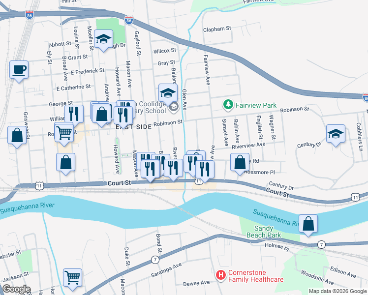 map of restaurants, bars, coffee shops, grocery stores, and more near 29 Glen Ave in Binghamton