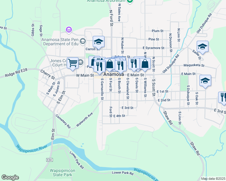 map of restaurants, bars, coffee shops, grocery stores, and more near 199 S Ford St in Anamosa