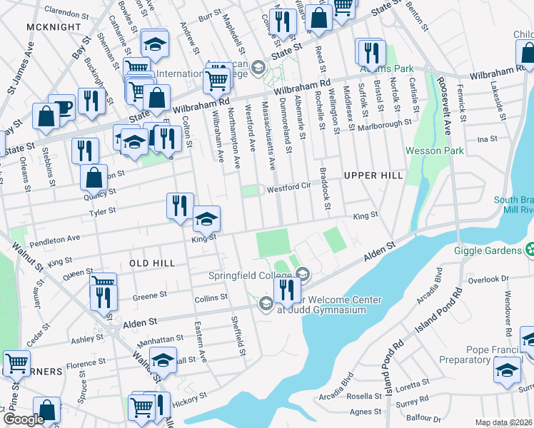map of restaurants, bars, coffee shops, grocery stores, and more near 191 Westford Avenue in Springfield