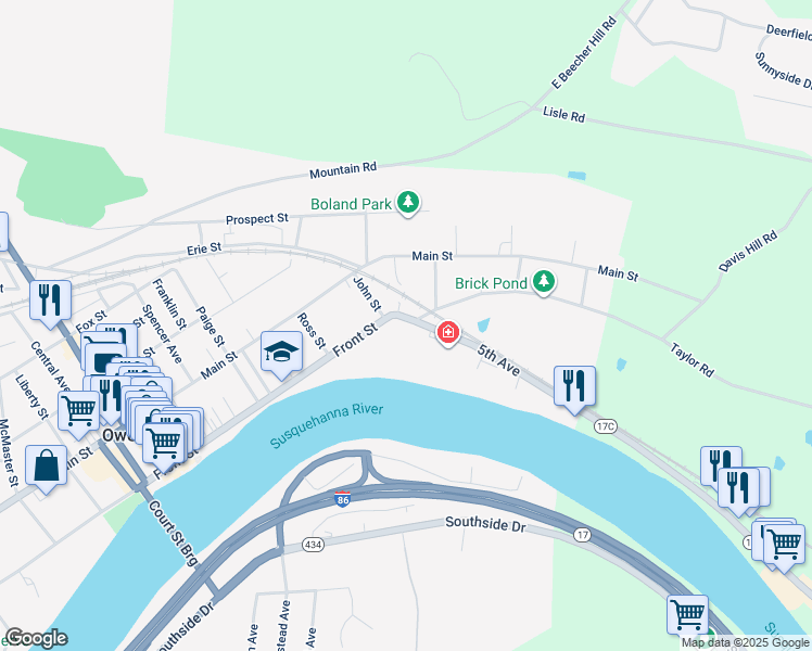 map of restaurants, bars, coffee shops, grocery stores, and more near 432 Front St in Owego