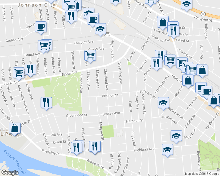 map of restaurants, bars, coffee shops, grocery stores, and more near 16 Lawton Ave in Binghamton