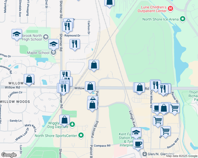 map of restaurants, bars, coffee shops, grocery stores, and more near 2820 Patriot Boulevard in Glenview