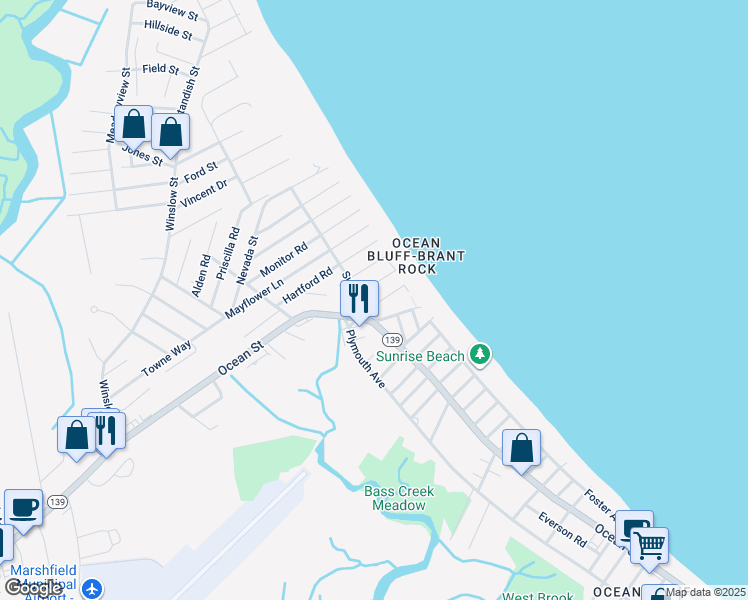 map of restaurants, bars, coffee shops, grocery stores, and more near 44 Oregon Road in Marshfield