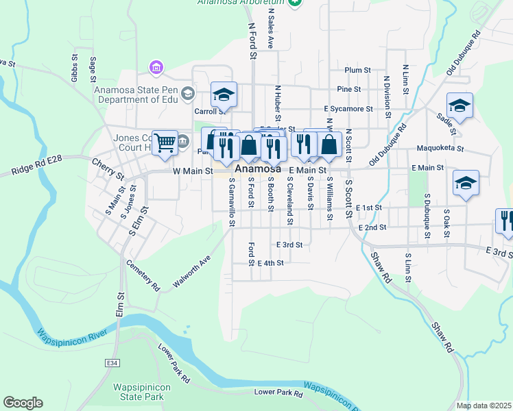 map of restaurants, bars, coffee shops, grocery stores, and more near 101-199 S Ford St in Anamosa