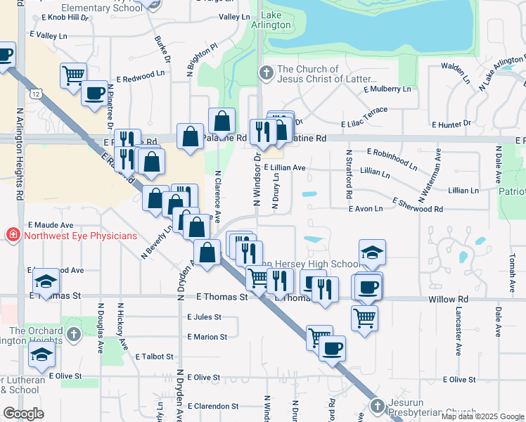 map of restaurants, bars, coffee shops, grocery stores, and more near 1705 North Windsor Drive in Arlington Heights