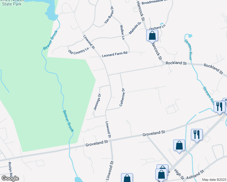 map of restaurants, bars, coffee shops, grocery stores, and more near 471 Linwood Street in Abington