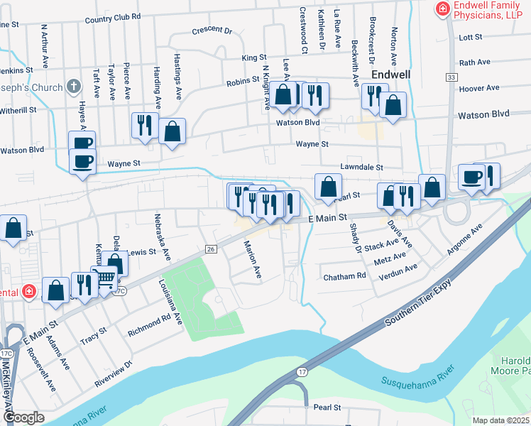 map of restaurants, bars, coffee shops, grocery stores, and more near 2917 North Street in Endwell