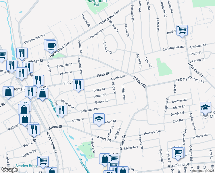 map of restaurants, bars, coffee shops, grocery stores, and more near 76 Louis Street in Brockton