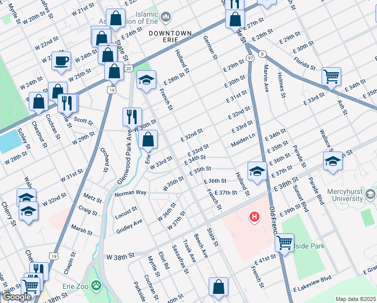 map of restaurants, bars, coffee shops, grocery stores, and more near 3228 French Street in Erie