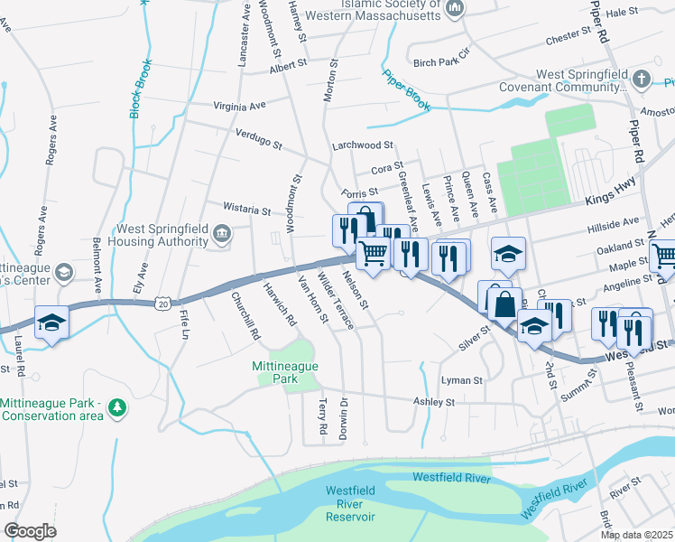 map of restaurants, bars, coffee shops, grocery stores, and more near 67 Nelson Street in West Springfield
