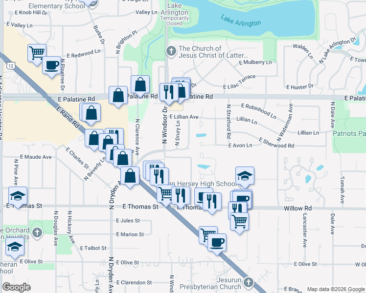 map of restaurants, bars, coffee shops, grocery stores, and more near 1504 East Jane Avenue in Arlington Heights