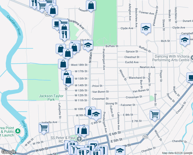 map of restaurants, bars, coffee shops, grocery stores, and more near 13 East 15th Street in Jamestown