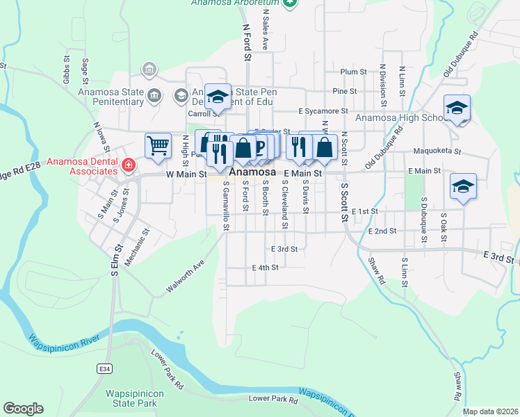 map of restaurants, bars, coffee shops, grocery stores, and more near 200 East 1st Street in Anamosa