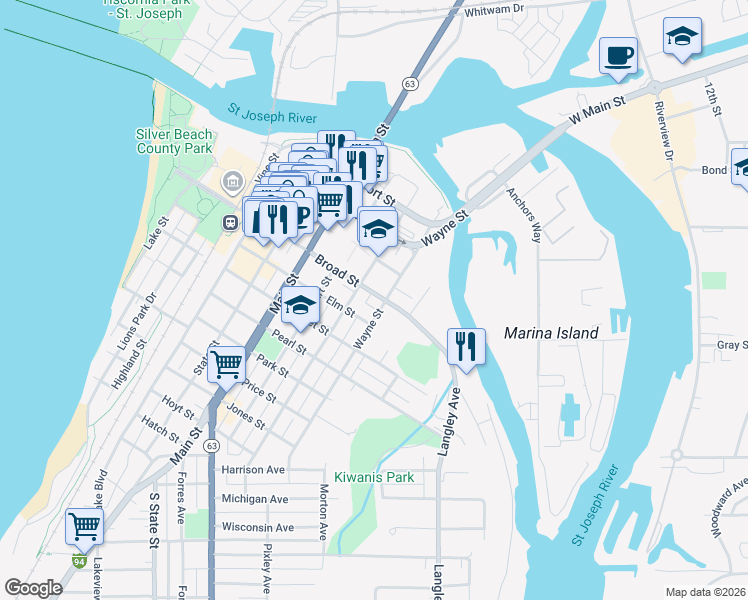 map of restaurants, bars, coffee shops, grocery stores, and more near 1002 Broad Street in St. Joseph