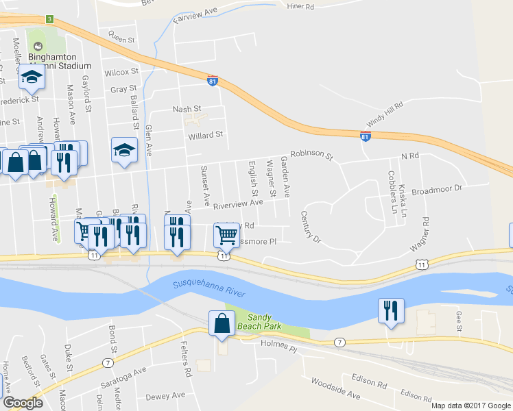 map of restaurants, bars, coffee shops, grocery stores, and more near 7 English Street in Binghamton