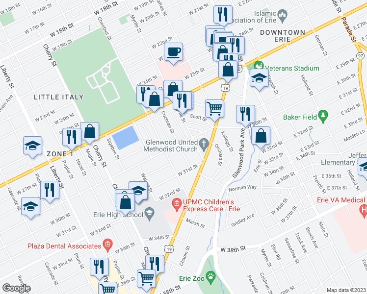 map of restaurants, bars, coffee shops, grocery stores, and more near 2907 Cochran Street in Erie