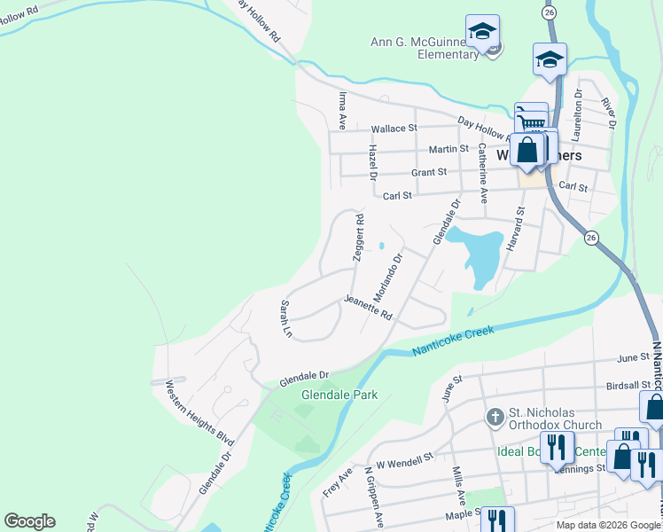 map of restaurants, bars, coffee shops, grocery stores, and more near 908 Sarah Ln in Endicott