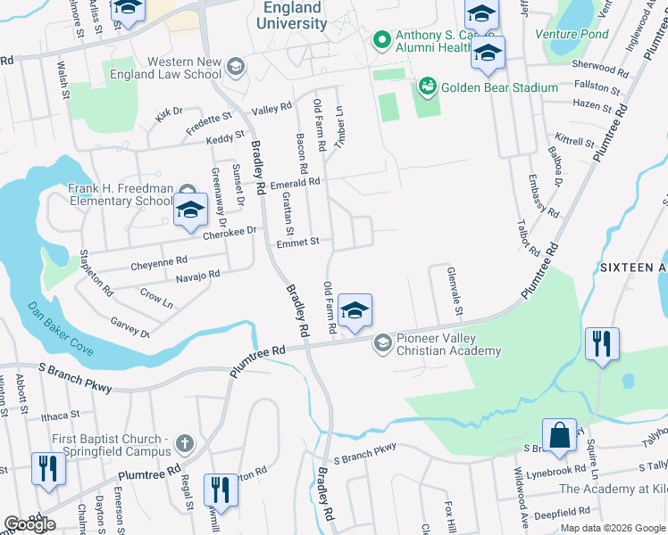 map of restaurants, bars, coffee shops, grocery stores, and more near 93 Old Farm Road in Springfield