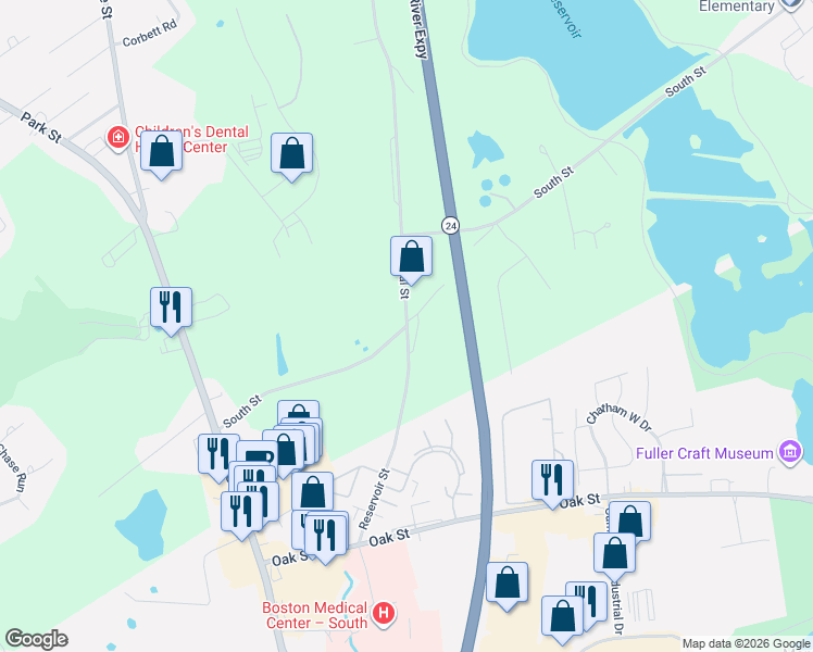 map of restaurants, bars, coffee shops, grocery stores, and more near 70 Central Street in Stoughton