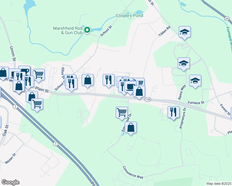 map of restaurants, bars, coffee shops, grocery stores, and more near 784 Massachusetts 139 in Marshfield