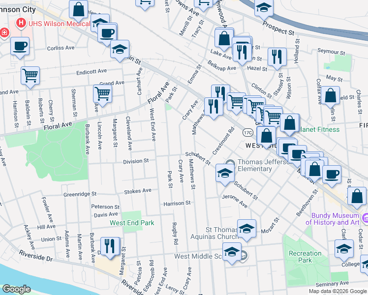 map of restaurants, bars, coffee shops, grocery stores, and more near 154 Crary Avenue in Binghamton