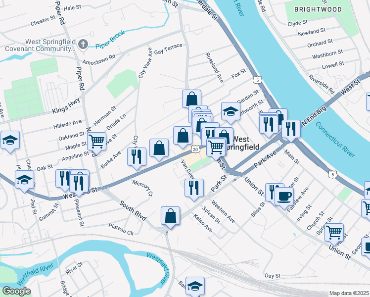 map of restaurants, bars, coffee shops, grocery stores, and more near 120 Westfield Street in West Springfield