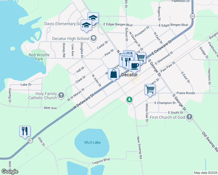 map of restaurants, bars, coffee shops, grocery stores, and more near 206 West Sherwood Street in Decatur