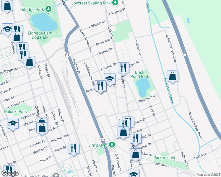map of restaurants, bars, coffee shops, grocery stores, and more near 1115 Hall Street in Elmira