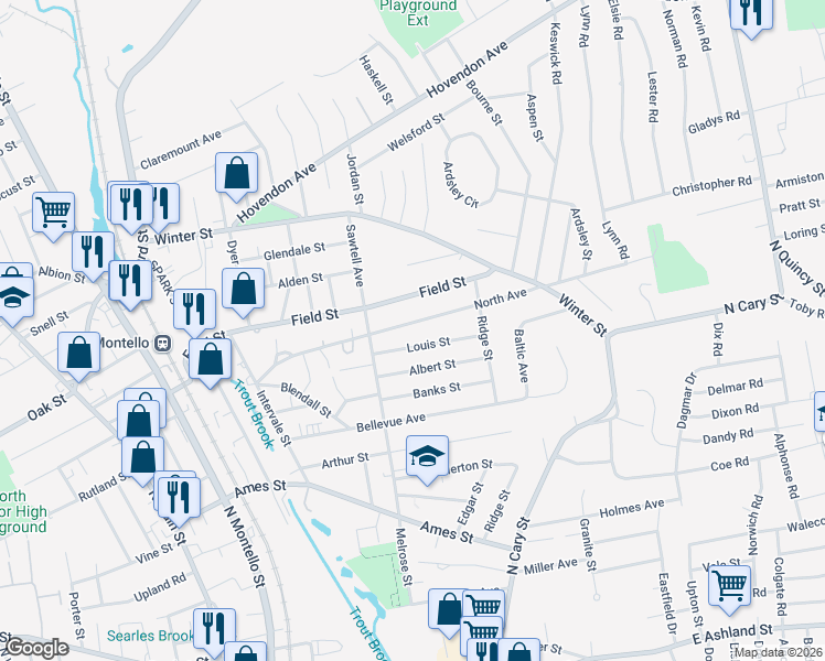 map of restaurants, bars, coffee shops, grocery stores, and more near 44 Louis Street in Brockton