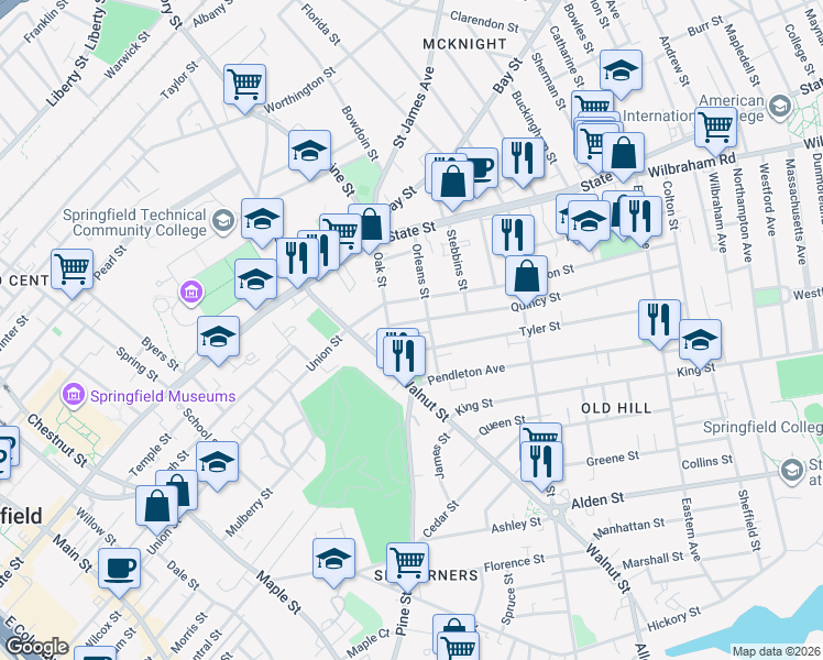 map of restaurants, bars, coffee shops, grocery stores, and more near 131 Orleans Street in Springfield