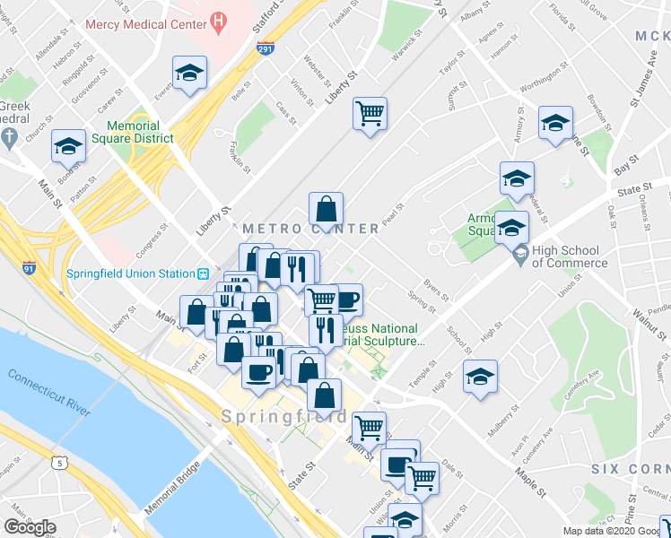 map of restaurants, bars, coffee shops, grocery stores, and more near 52 Pearl Street in Springfield