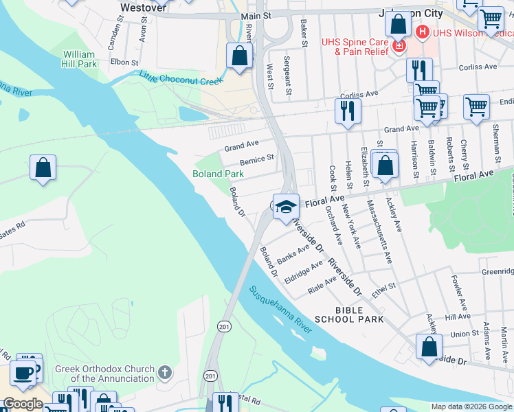 map of restaurants, bars, coffee shops, grocery stores, and more near 33 River Terrace in Johnson City
