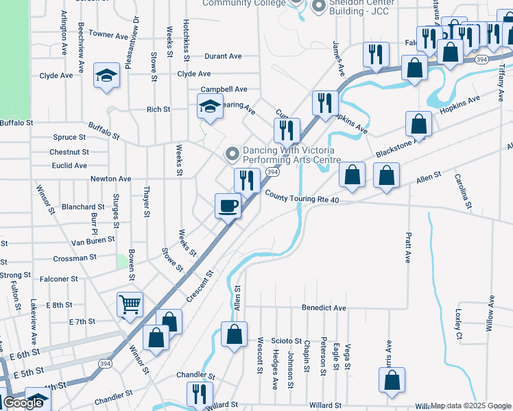 map of restaurants, bars, coffee shops, grocery stores, and more near 527 Crescent Street in Jamestown