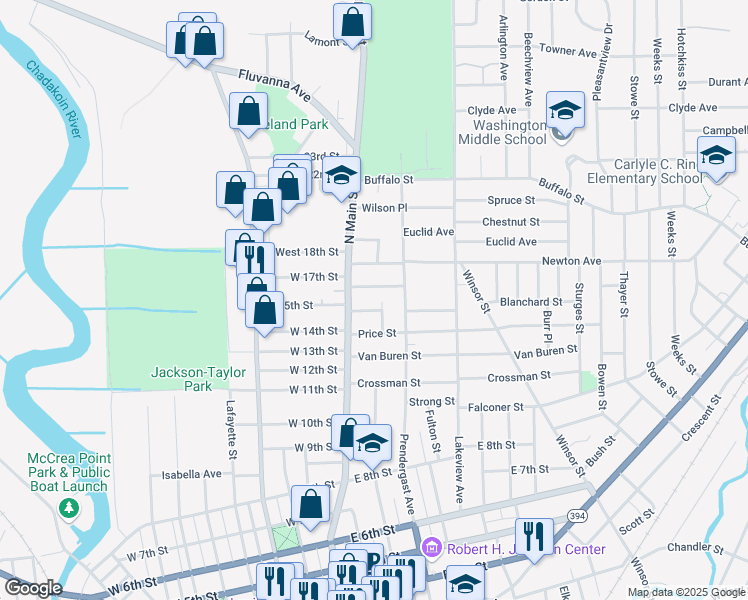 map of restaurants, bars, coffee shops, grocery stores, and more near 13 East 15th Street in Jamestown