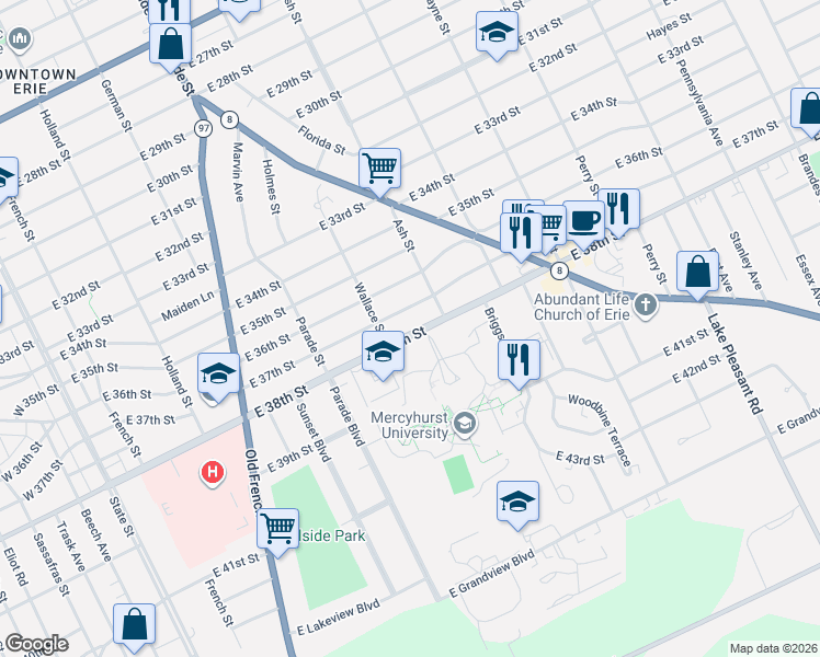 map of restaurants, bars, coffee shops, grocery stores, and more near in Erie