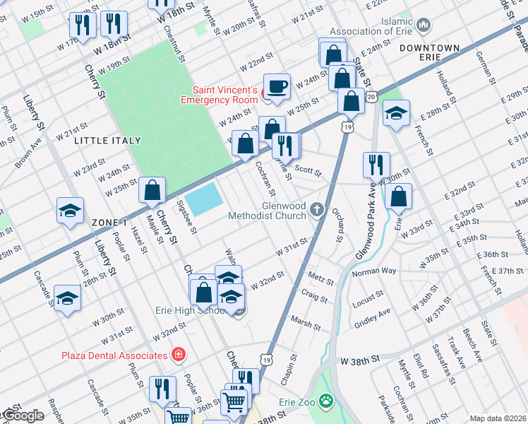 map of restaurants, bars, coffee shops, grocery stores, and more near in Erie