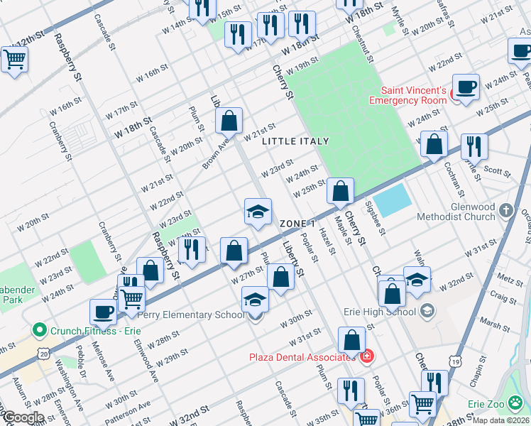 map of restaurants, bars, coffee shops, grocery stores, and more near 2501 Liberty Street in Erie