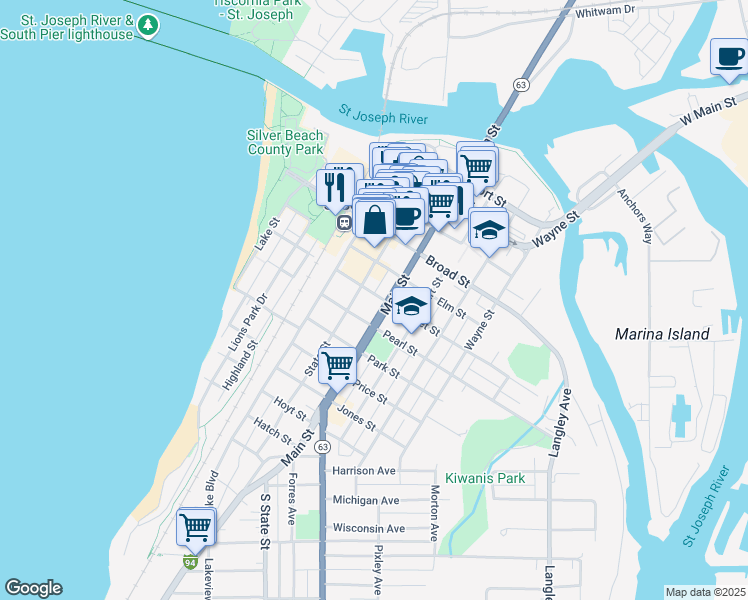map of restaurants, bars, coffee shops, grocery stores, and more near 601 Main Street in St. Joseph