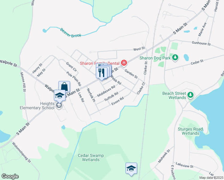 map of restaurants, bars, coffee shops, grocery stores, and more near 17 Middlesex Road in Sharon