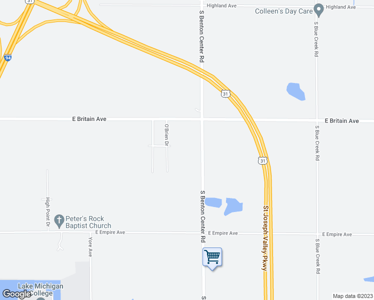 map of restaurants, bars, coffee shops, grocery stores, and more near 3250 East Britain Avenue in Benton Harbor