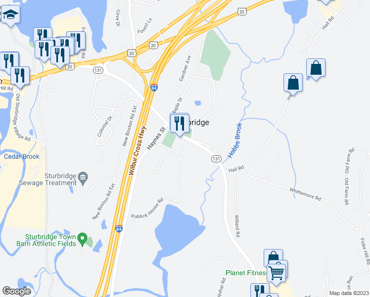 map of restaurants, bars, coffee shops, grocery stores, and more near 277 Main Street in Sturbridge