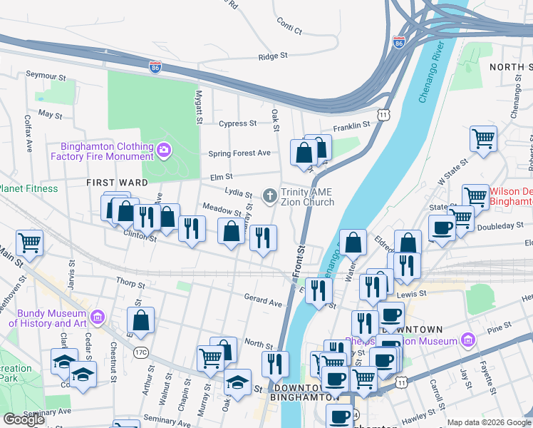 map of restaurants, bars, coffee shops, grocery stores, and more near 1931/2 Oak Street in Binghamton