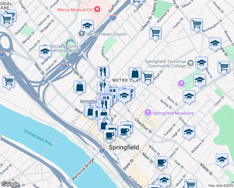 map of restaurants, bars, coffee shops, grocery stores, and more near in Springfield