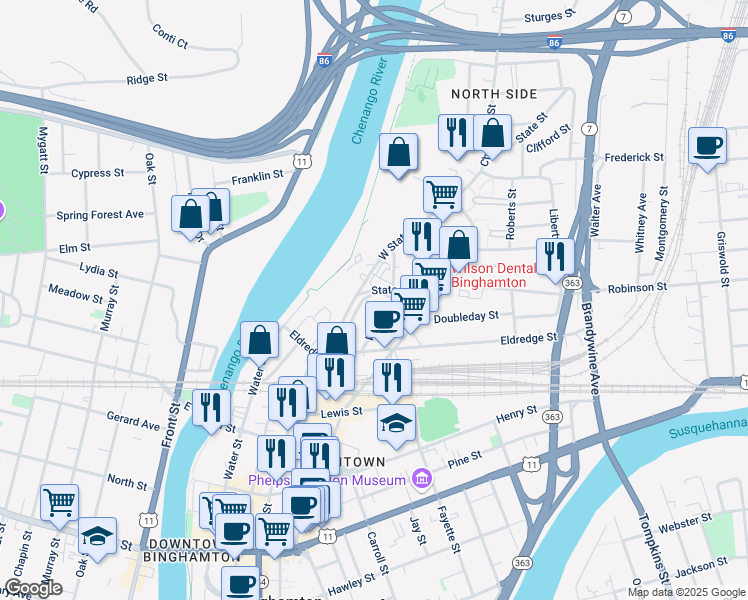 map of restaurants, bars, coffee shops, grocery stores, and more near 136 Prospect Avenue in Binghamton